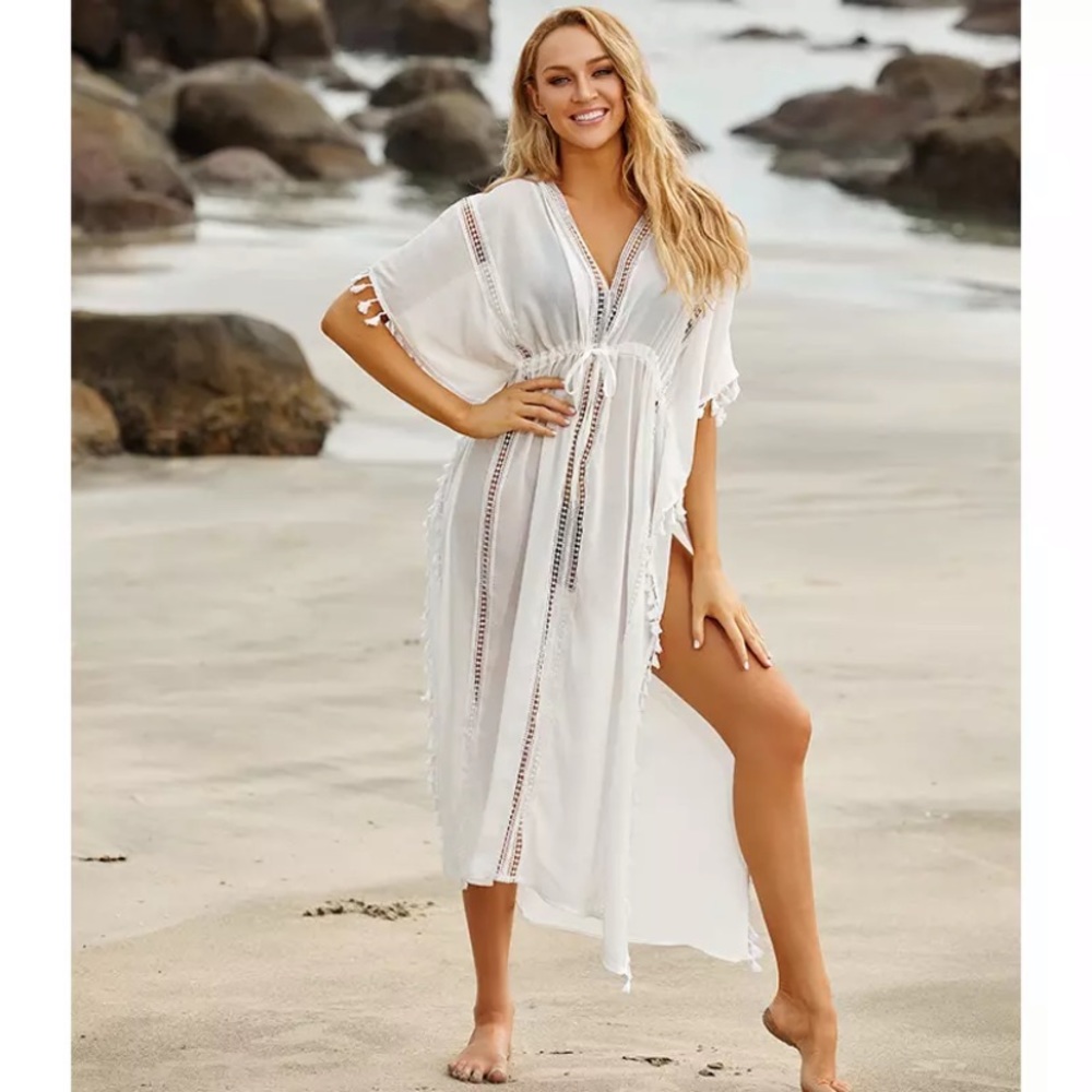 SOLD OUT CLEARANCE White Crochet Tassel Fringe Swim Coverup Dress - Picture 1 of 4
